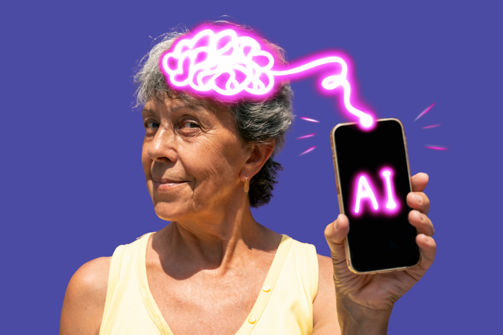 Creative concept showing an elderly woman with a neon brain linked to a smartphone displaying “AI”, symbolizing connection between human intelligence and artificial intelligence, modern technology, and digital learning for seniors.