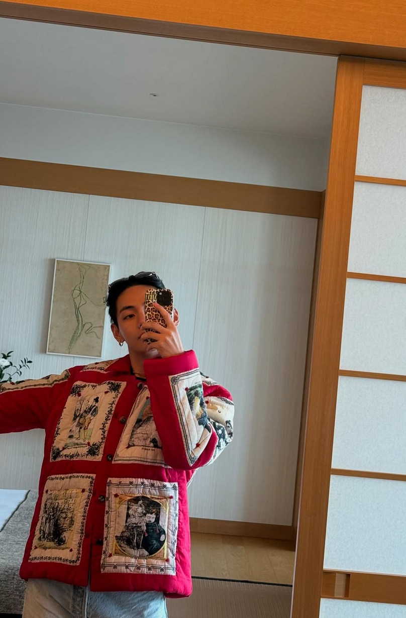 V presents his kidult aesthetic in the Bode jacket with illustrated antique patches (Photo: @thv / Instagram)