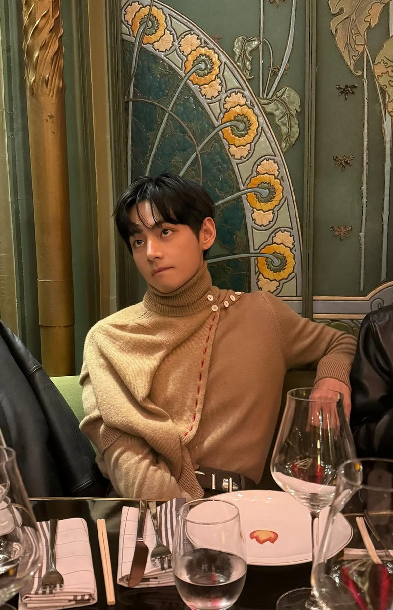 V deconstructs winter wear in a Celine Printemps 2026 turtleneck (Photo: @thv / Instagram)