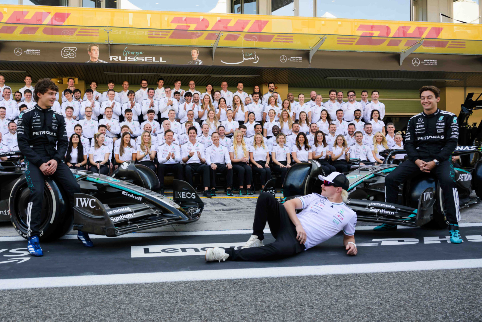 Andrea Kimi Antonelli, Valtteri Bottas, and George Russell of the Mercedes-AMG Petronas F1 Team participate in Race Day on Yas Island, Abu Dhabi, on December 7, 2025. (Photo by Ahmad AlShehab/NurPhoto via Getty Images)