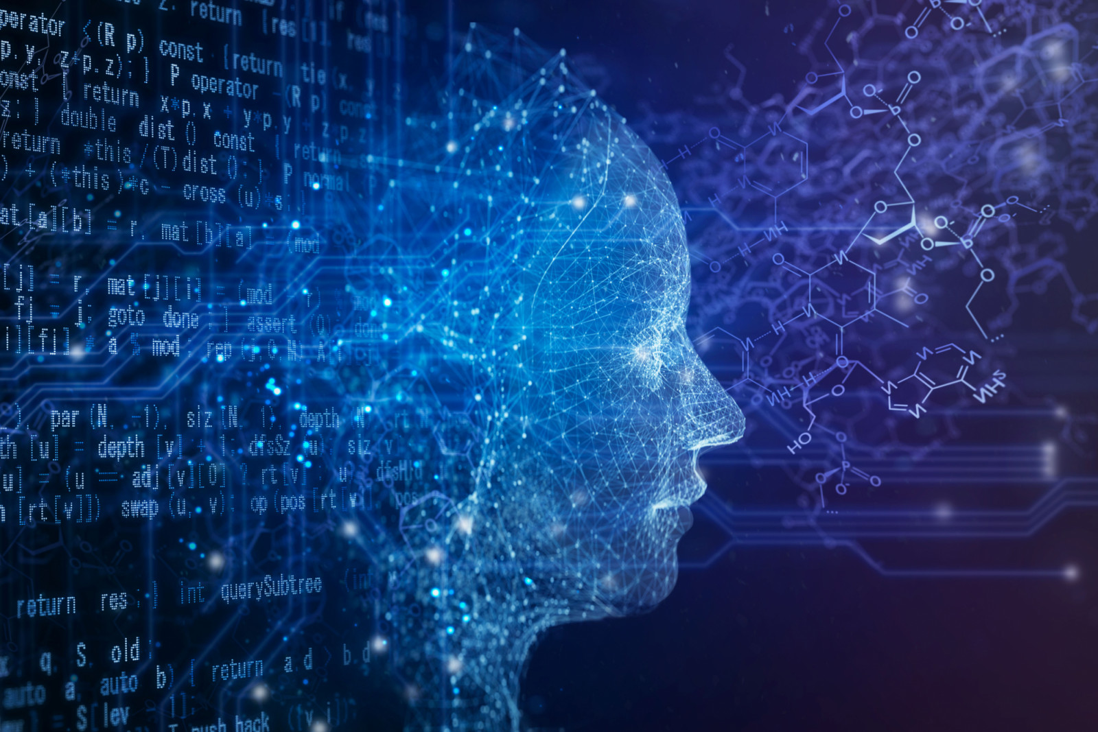 AI robot with circuit, chemical structure and program code on a black background. (ภาพ: Yuichiro Chino / Getty Images)