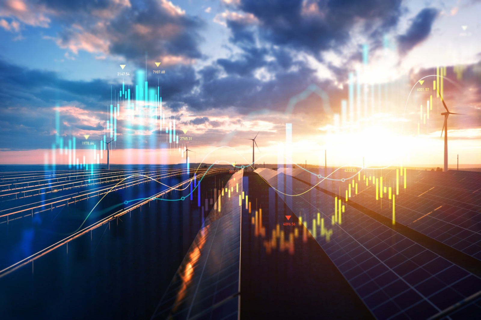 Increase or rising in electricity prices on the world market. Photovoltaic power station with double exposure of digital financial chart graphs and stock market.Green energy in full development (ภาพ: Galeanu Mihai)