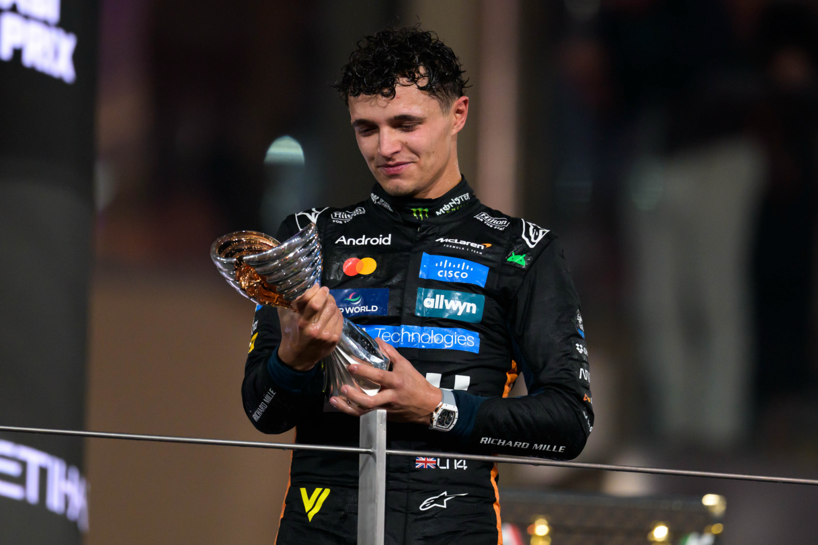 Lando Norris of the McLaren Formula 1 Team celebrates his first F1 World Champion title in Yas Island, Abu Dhabi, on December 7, 2025. (Photo by Ahmad AlShehab/NurPhoto via Getty Images)