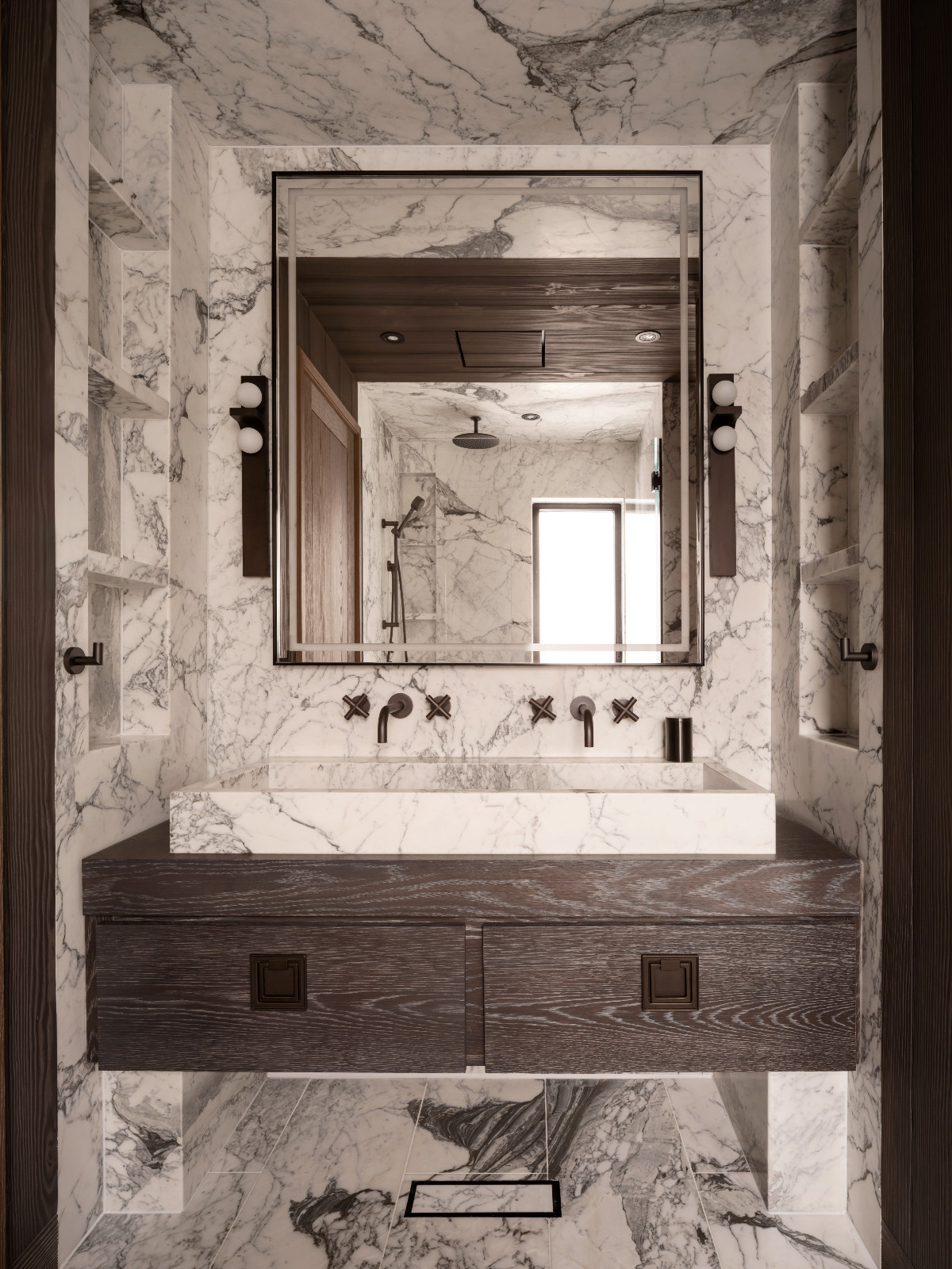 The ensuite bathroom of a renovated ski chalet in Quebec, Canada, designed by ACDO