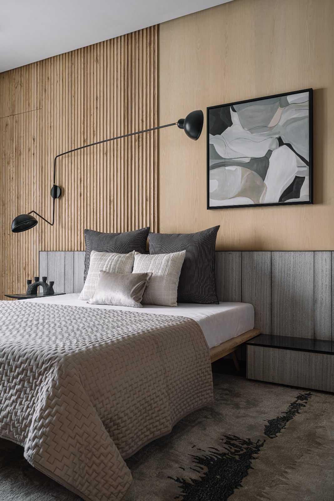 A Japandi-inspired bedroom in an Ahmedabad, India, home designed by Workshop Inc.