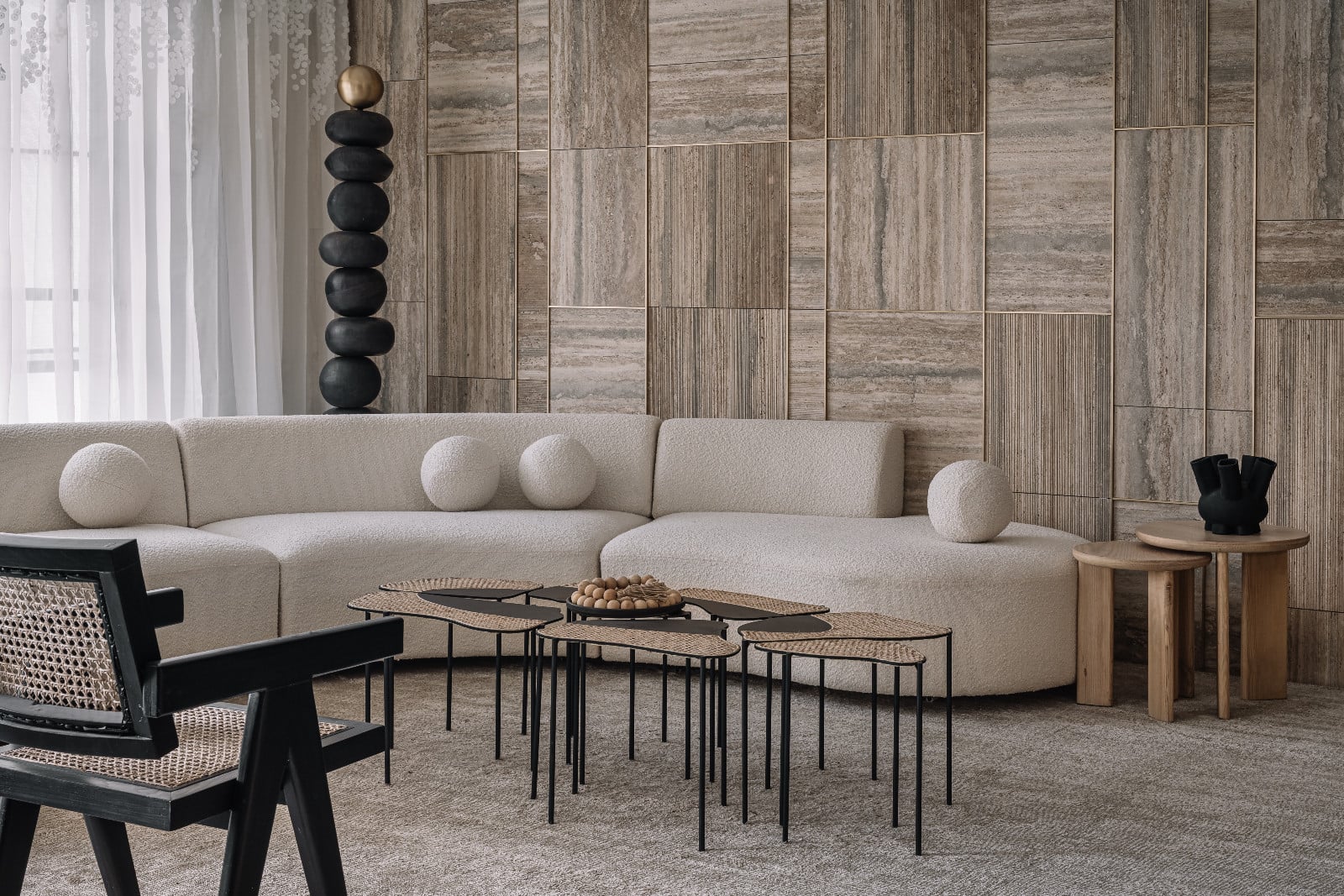 A Japandi-inspired living room in an Ahmedabad, India, home designed by Workshop Inc.