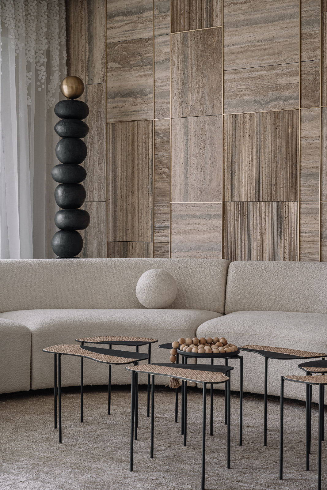 A Japandi-inspired living room in an Ahmedabad, India, home designed by Workshop Inc.