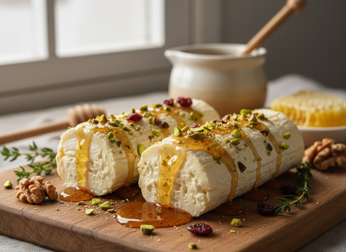 A honey-infused goat cheese log adds bright, tangy sweetness and striking visual contrast