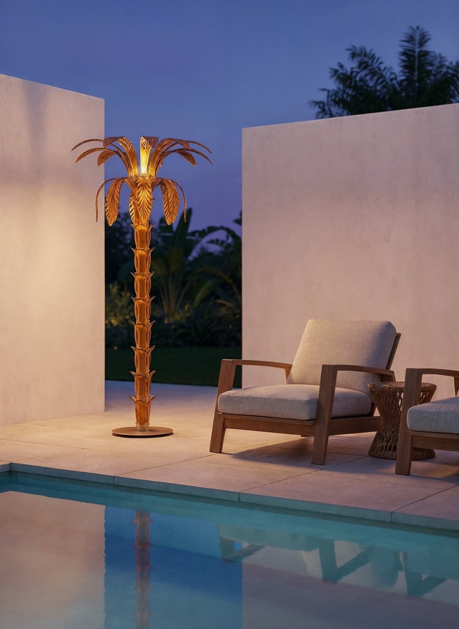 Venini’s Palma floor lamp in amber glass stands beside a pool at dusk, with handblown Murano glass palm fronds, scaled for luxury residential outdoor installations