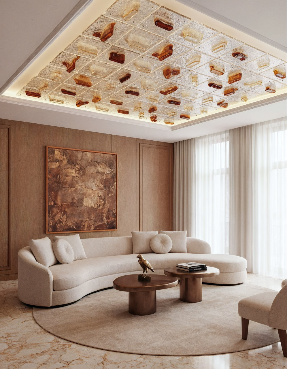 Venini's Volcano ceiling installation fills a residential interior with modular glass tiles in graduated amber tones, creating a three-dimensional play of light and shadow