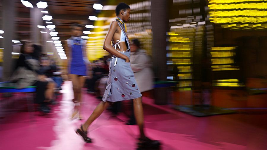 A model wears a creation as part of the Miu Miu Spring/Summer 2026 collection presented in Paris, Monday, Oct. 6, 2025. (AP Photo/Aurelien Morissard)