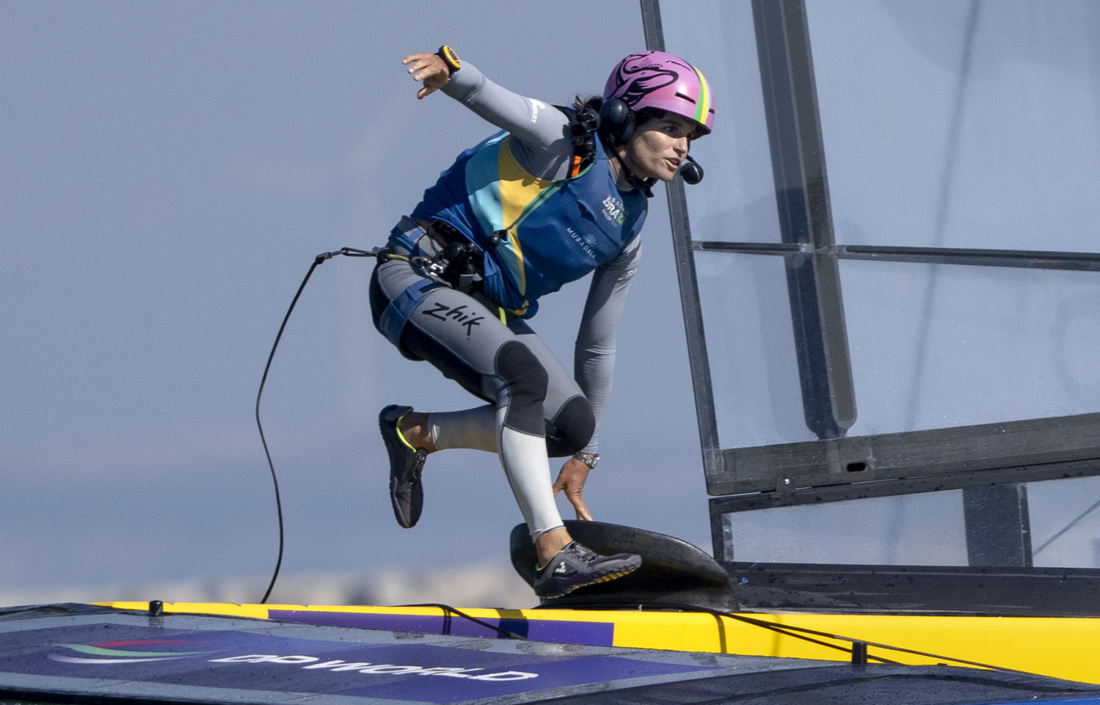 Martine Grael, driver of Mubadala Brazil SailGP Team runs across the boat on Race Day 1 of the DP World Spain Sail Grand Prix held in Cadiz, Spain Saturday 4 October 2025. Rolex SailGP Championship Event 11 2025 Season. Photo: Ricardo Pinto for SailGP. Handout image supplied by SailGP