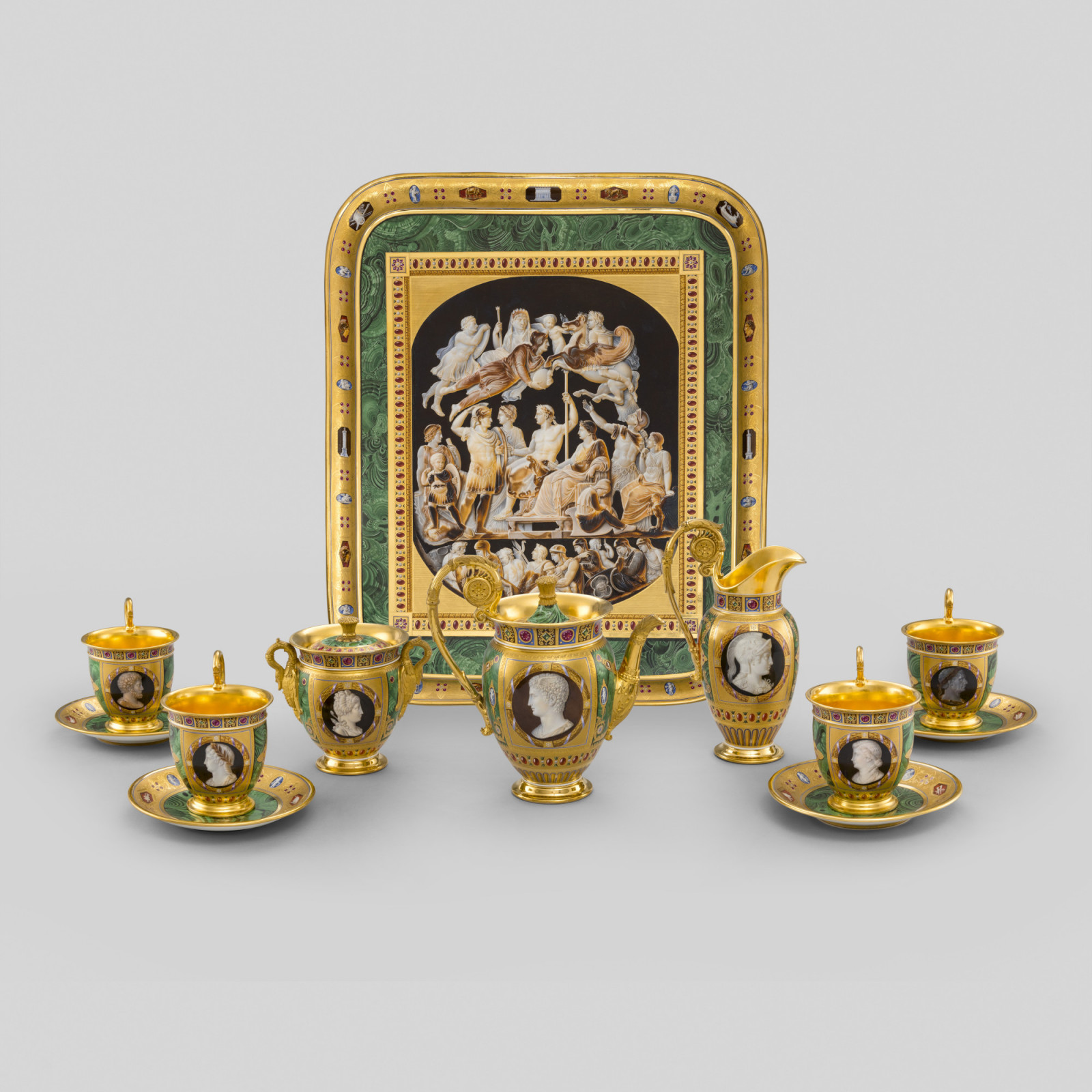 The Duchesse de Berry tea set was made in Sèvres porcelain factory in 1816, and painted in overglaze enamels and gilt by Antoine Béranger