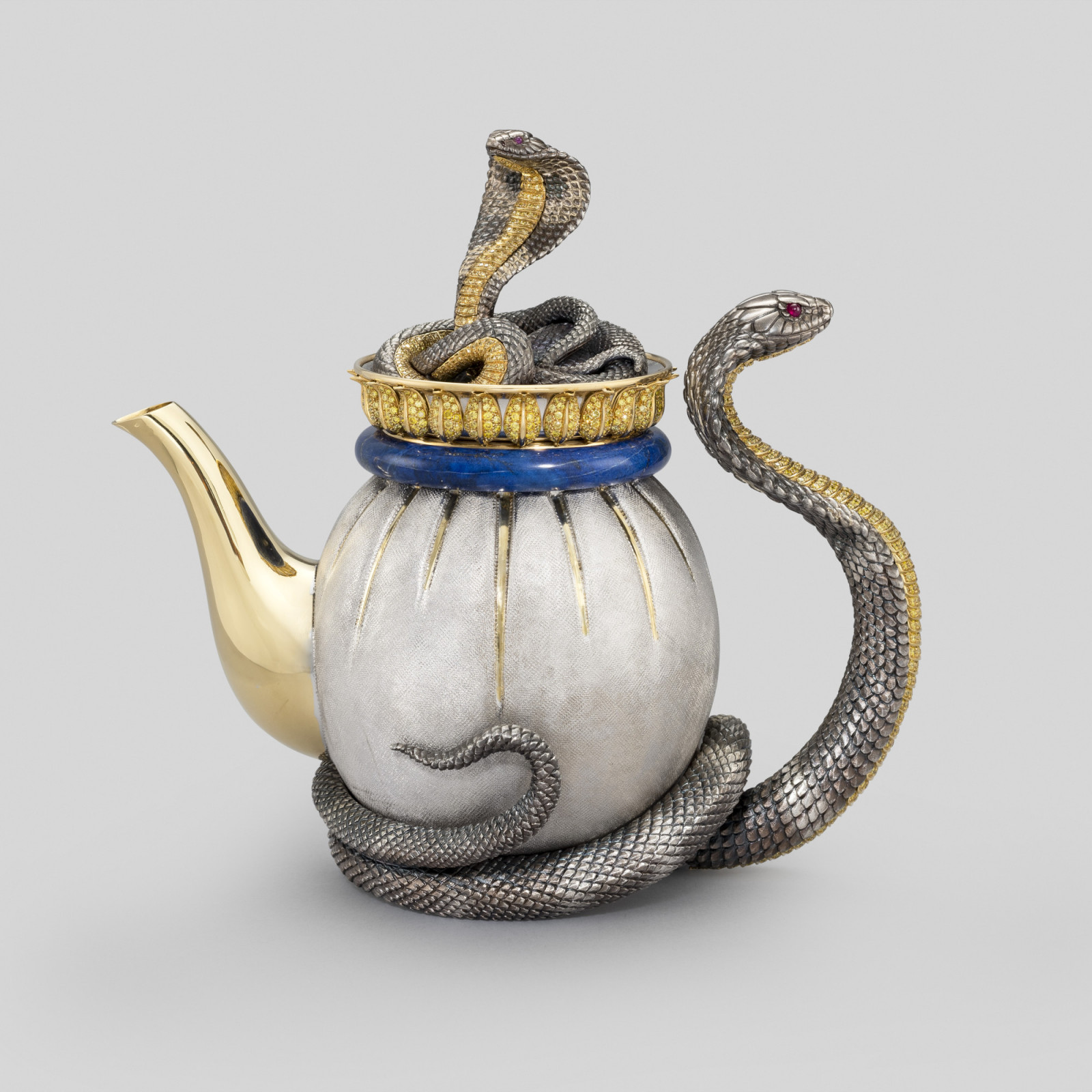 Teapot, 2014, Milan, gold and silver set with rubies, yellow diamonds, malachite and lapis; designed by N. K. Sethia and made by F. Scavia, from the Chitra Collection
