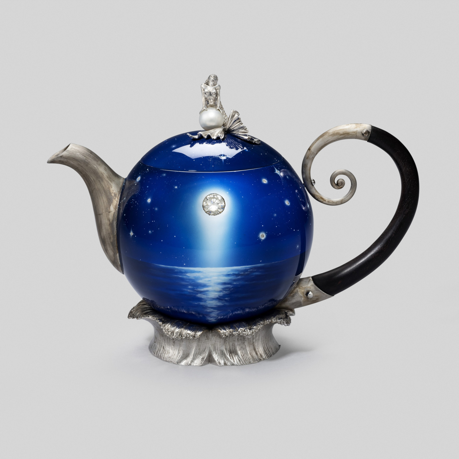 Teapot, 2012, Italy, silver with painted enamel, diamond insets and teakwood handle; designed by N. K. Sethia and made by F. Scavia, from the Chitra Collection