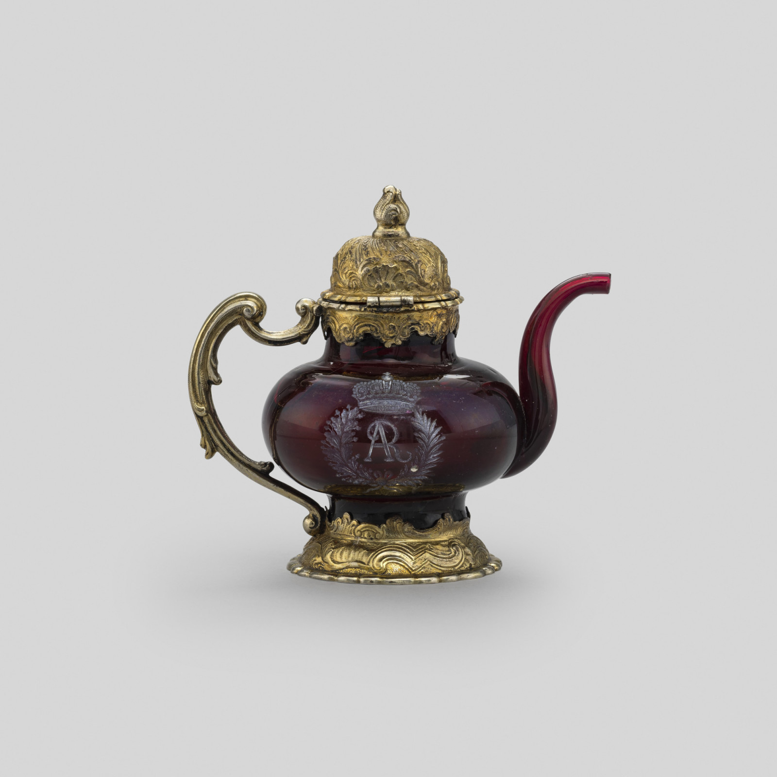 Teapot, ruby glass with silver-gilt mounts, made in Germany, glass dated 1713–18 with later mounts c.1750, from the Chitra Collection