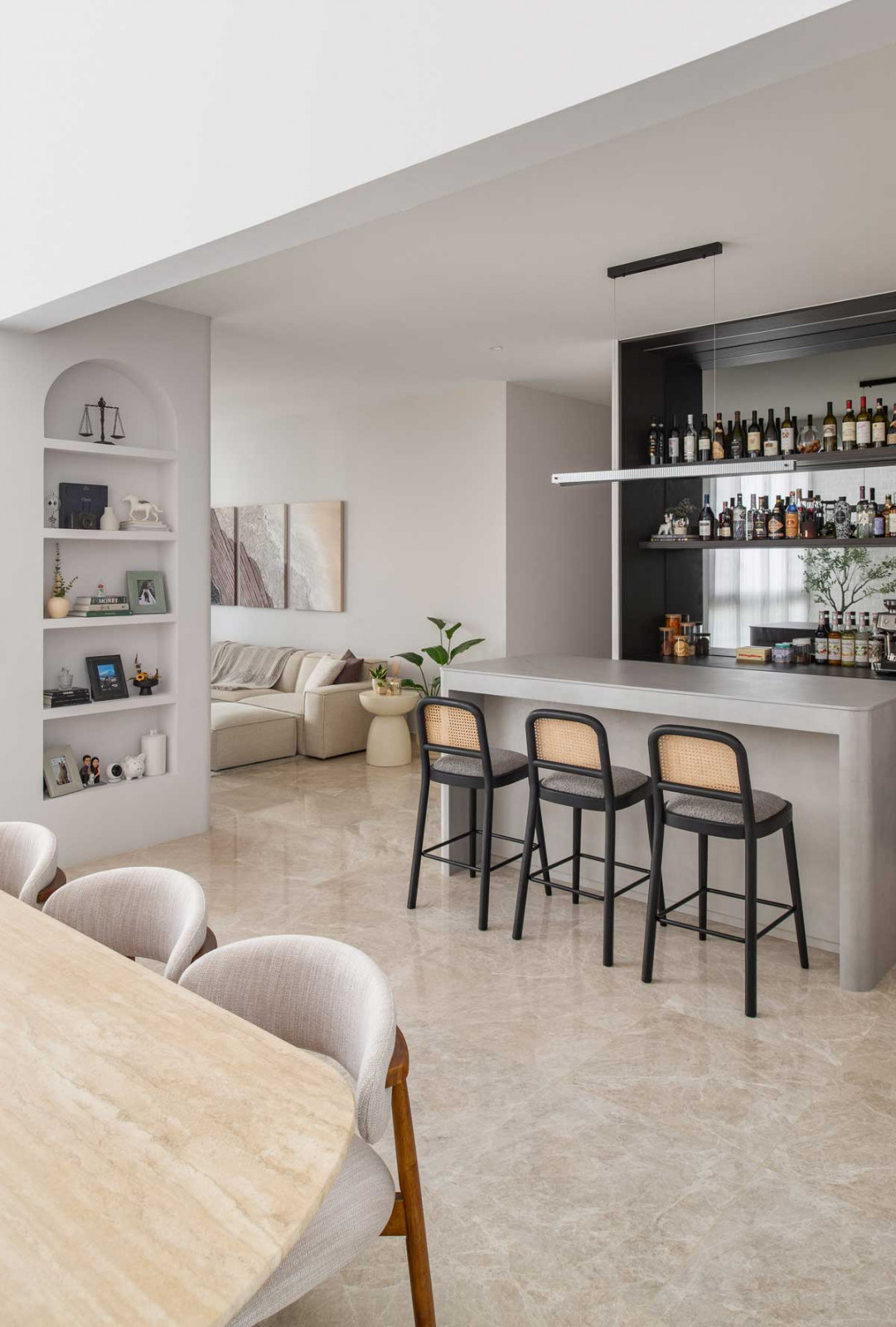The stylish bar area is a compact yet highly functional zone