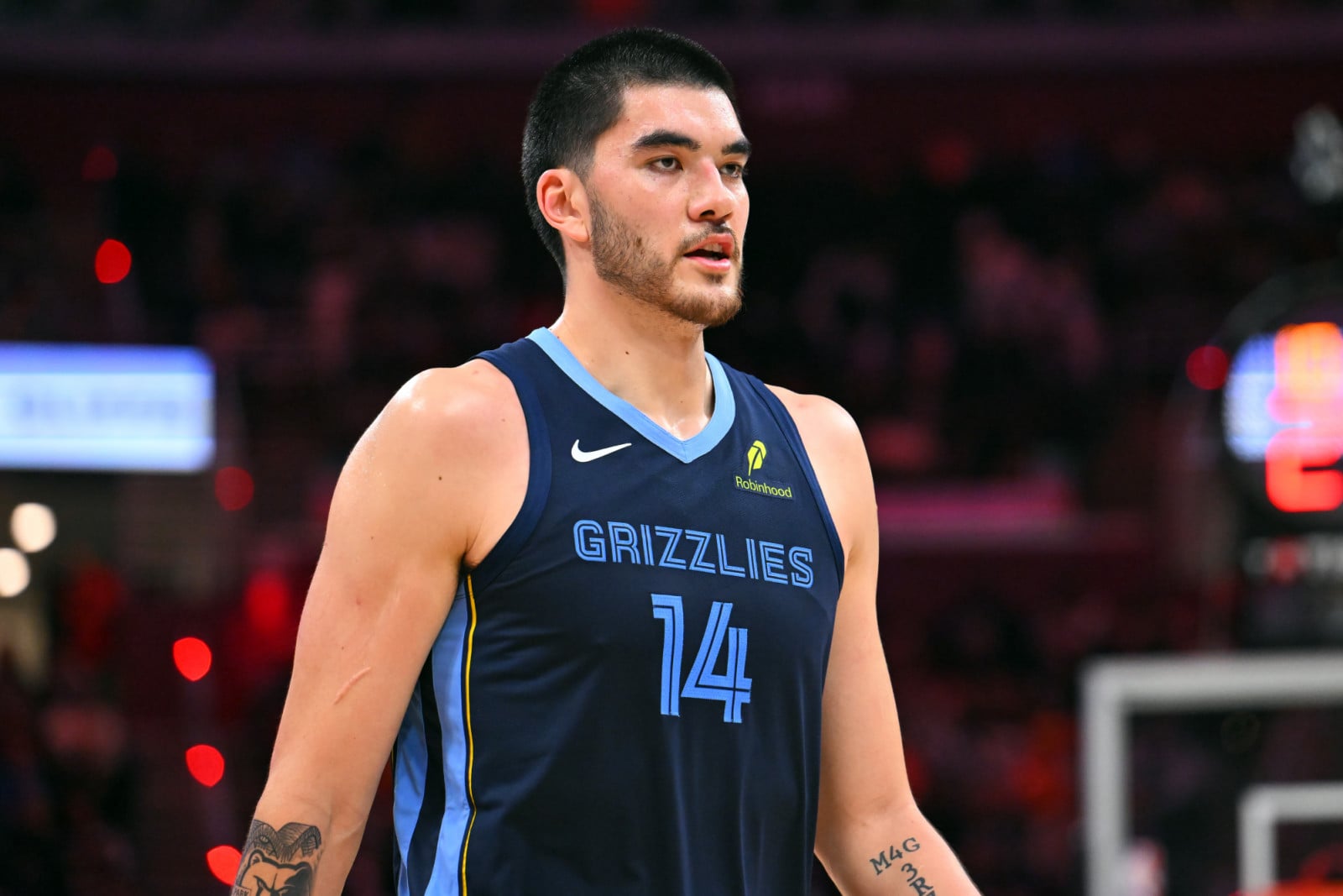 CLEVELAND, OHIO - NOVEMBER 15: Center Zach Edey #14 of the Memphis Grizzlies walks to the bench during the fourth quarter against the Cleveland Cavaliers at Rocket Arena on November 15, 2025 in Cleveland, Ohio. The Cavaliers defeated the Grizzlies 108-100. NOTE TO USER: User expressly acknowledges and agrees that, by downloading and or using this photograph, User is consenting to the terms and conditions of the Getty Images License Agreement.  (Photo by Jason Miller/Getty Images)