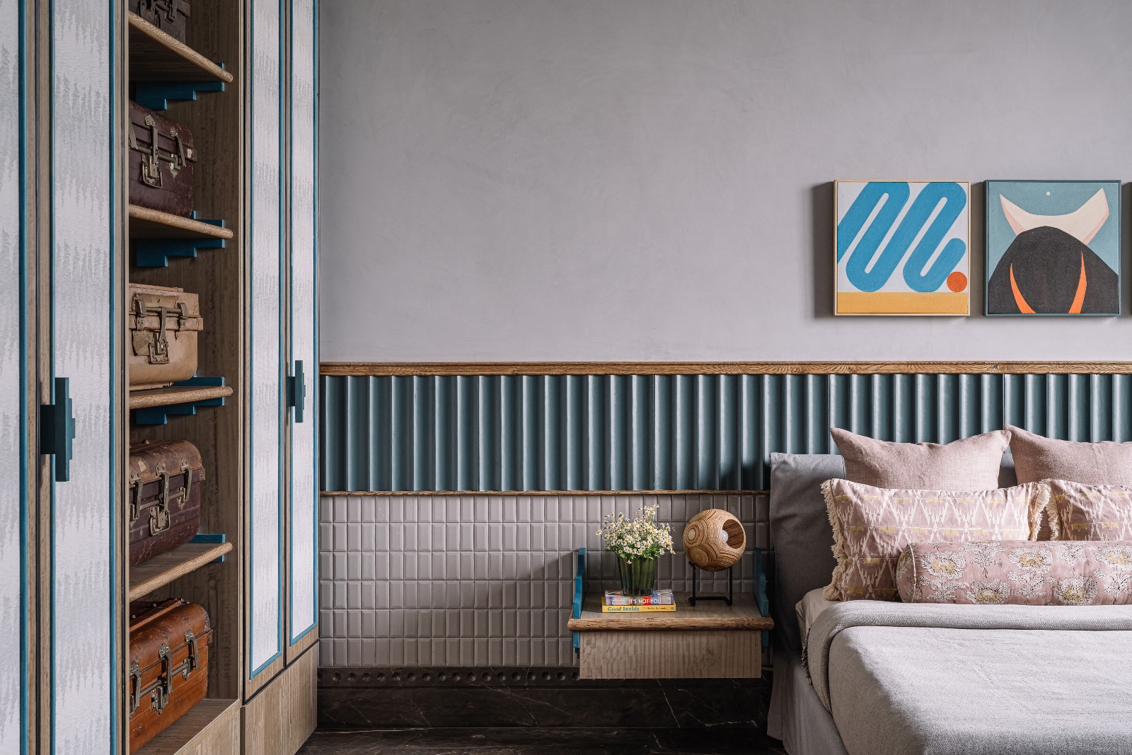Details of the guest bedroom in a Calcutta, India family home created by Spaces and Design
