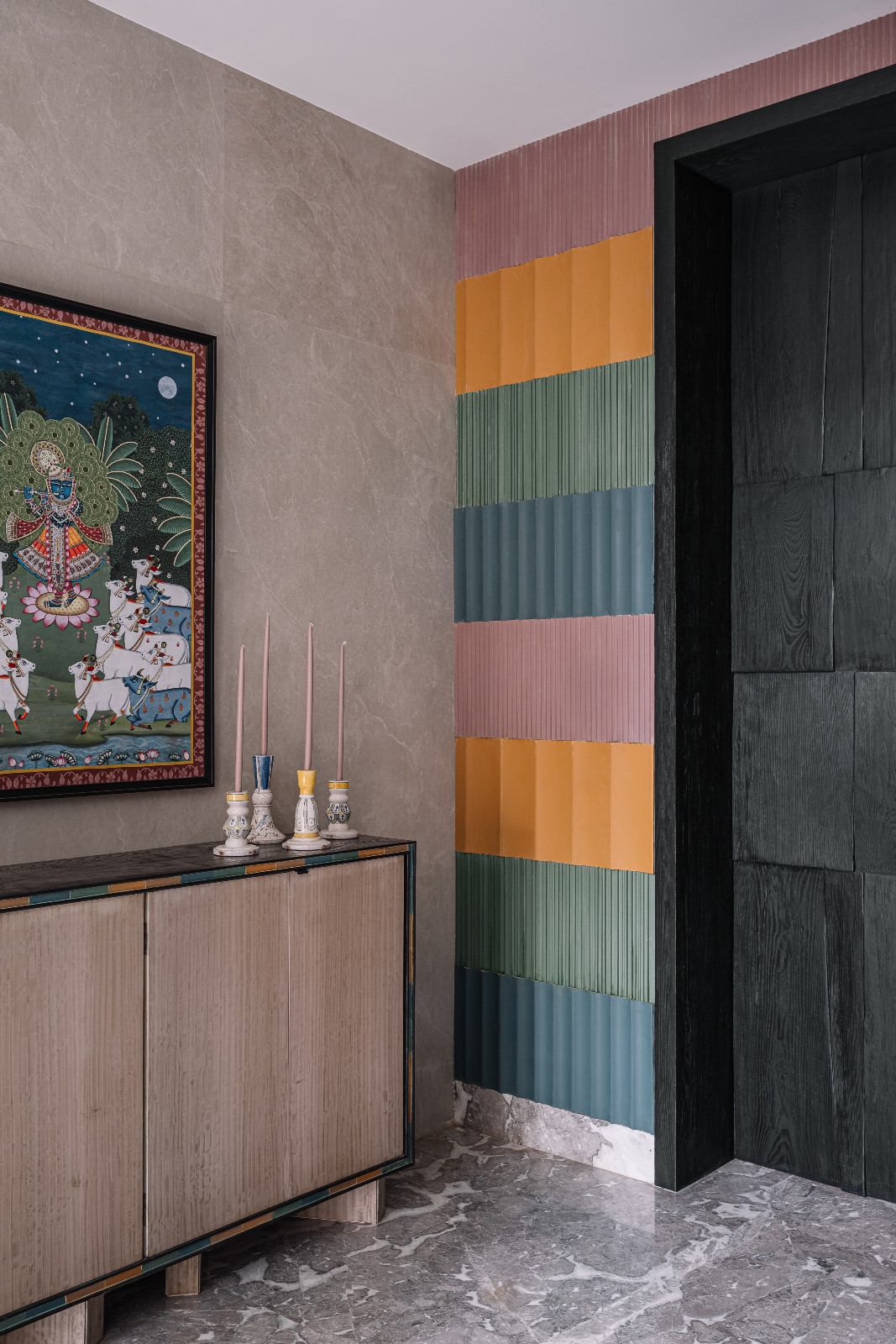 Details of the entryway in a Calcutta, India family home created by Spaces and Design