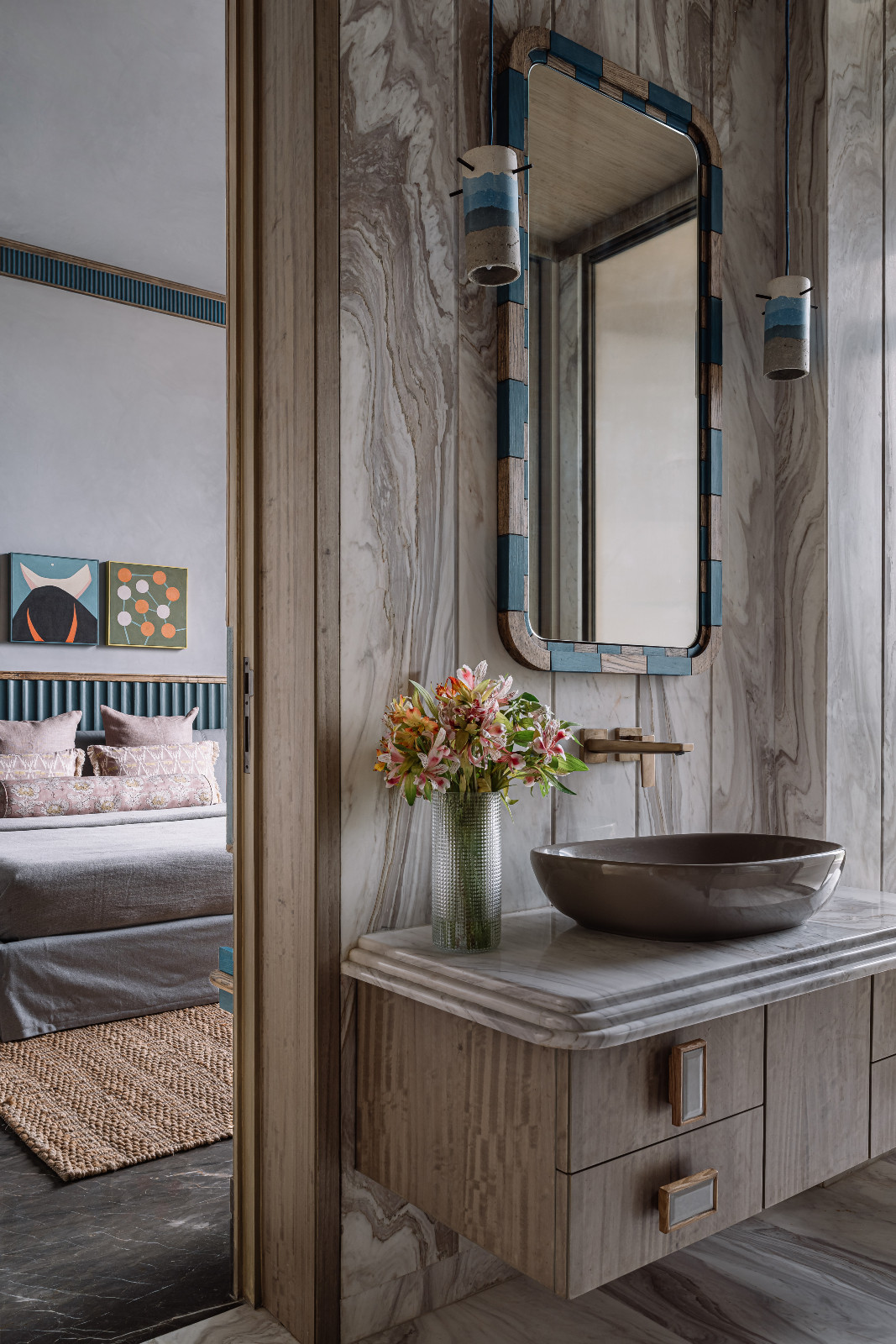Details of the guest bathroom in a Calcutta, India family home created by Spaces and Design
