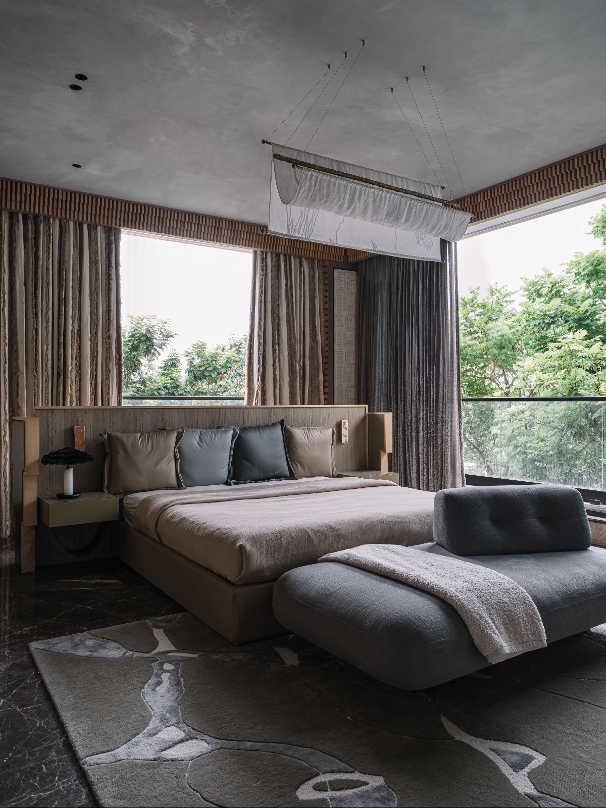 The primary bedroom in a Calcutta, India family home created by Spaces and Design