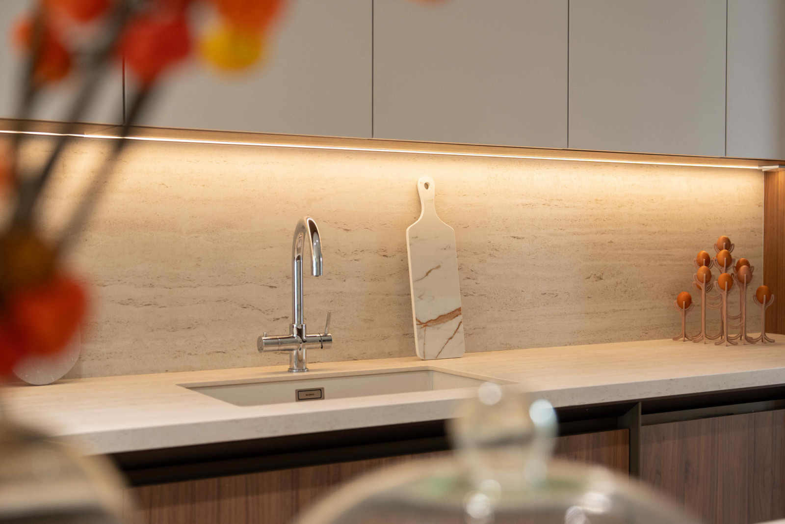 The Dekton Marmorio was chosen for the island, countertops, and backsplash