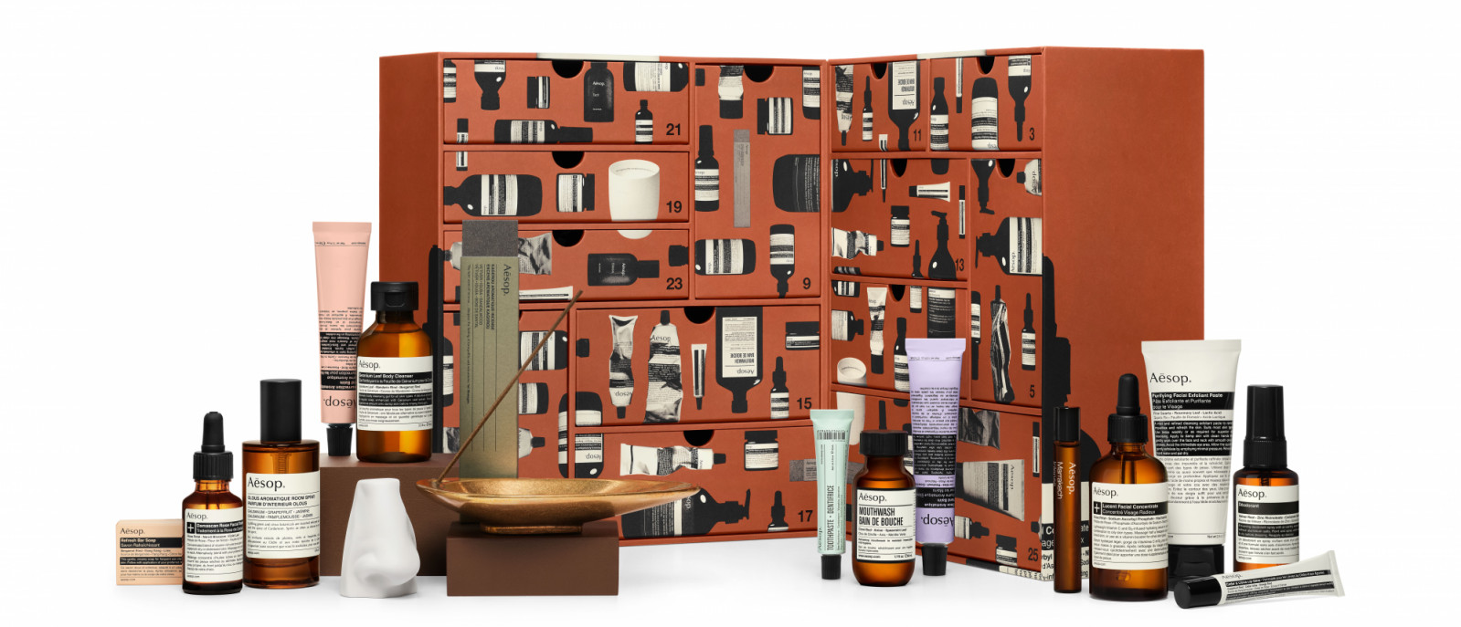 The Aesop Abode advent calendar features 13 numbered doors containing skincare and fragrance products from the Australian brand's collection