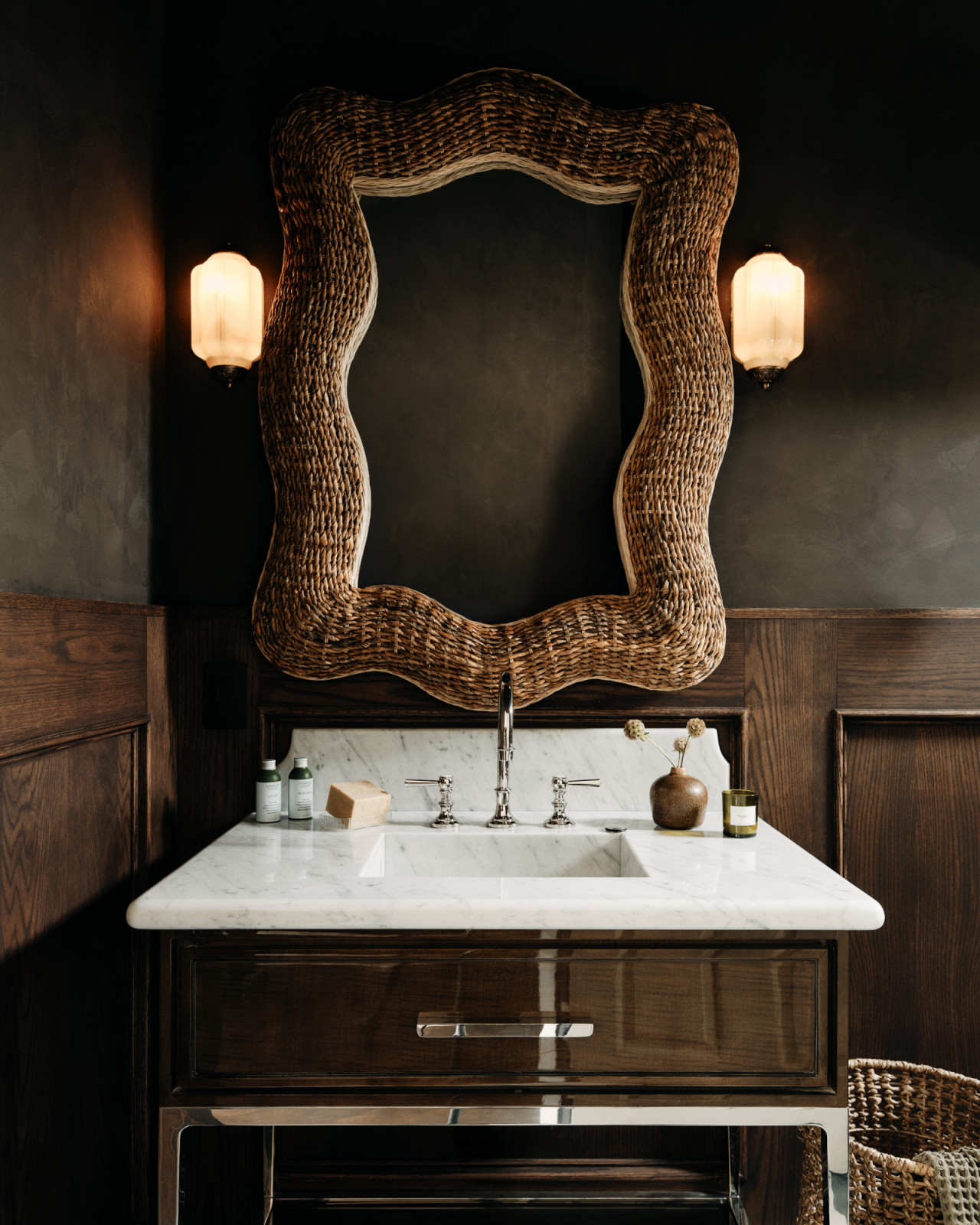 The powder room of a Los Angeles, California home renovated by House of Rolison