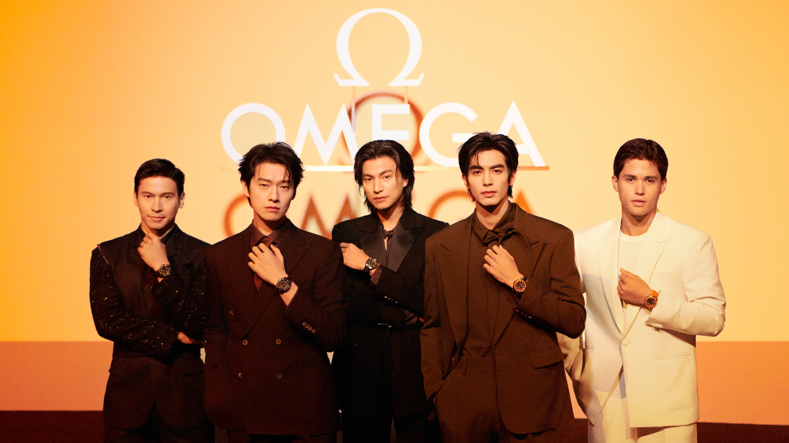 Omega launches the new Seamaster Planet Ocean in Chongqing with celebrities from China, Philippines, and Thailand (from left): Eechong Dee, Wei Daxun, Gulf, Song Weilong, and Kyle Echarri