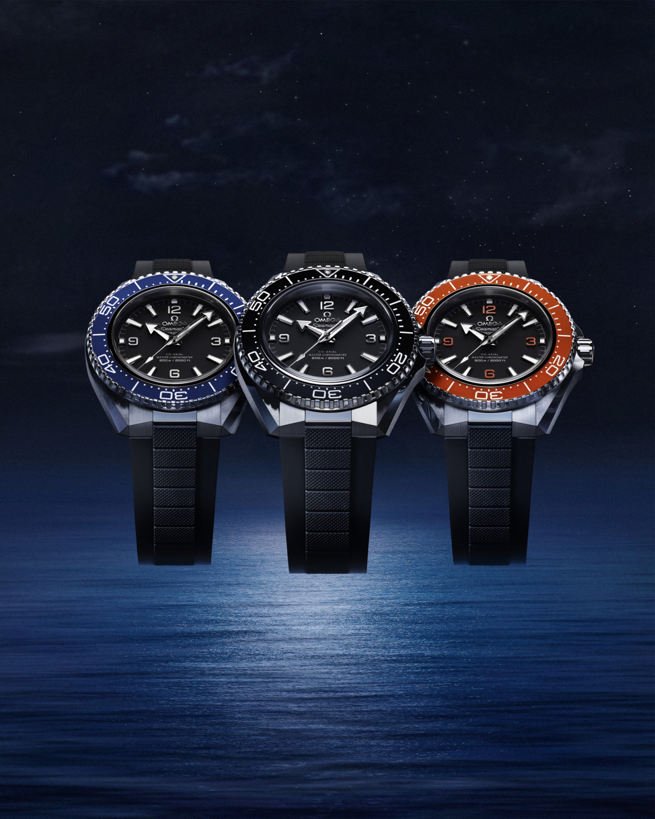 Omega 全新Seamaster Planet Ocean系列第四代腕錶全系列共藍黑橘三色錶圈。(Photo: Omega)