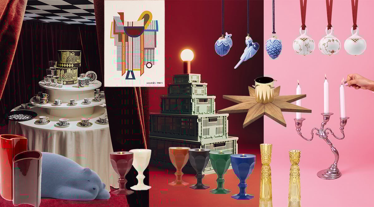 A curated collage from our festive decor gift guide, featuring home accents ranging from an Hermès rug and Vitra bear to Royal Copenhagen baubles and Fornasetti panettone, selected to bring warmth and character to festive entertaining