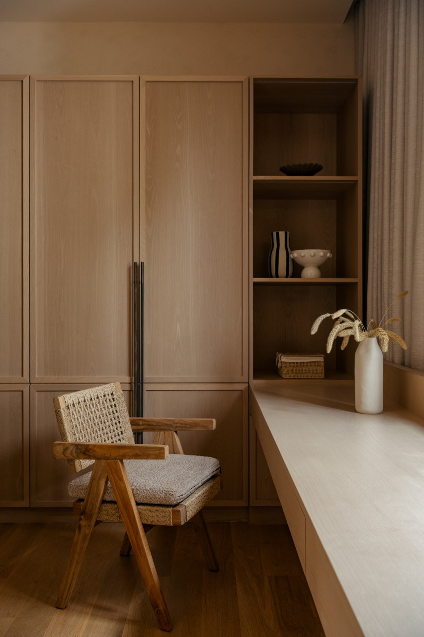 Workspace with timber joinery and a Joot dining chair, reflecting the project’s emphasis on durability and materials that age gracefully