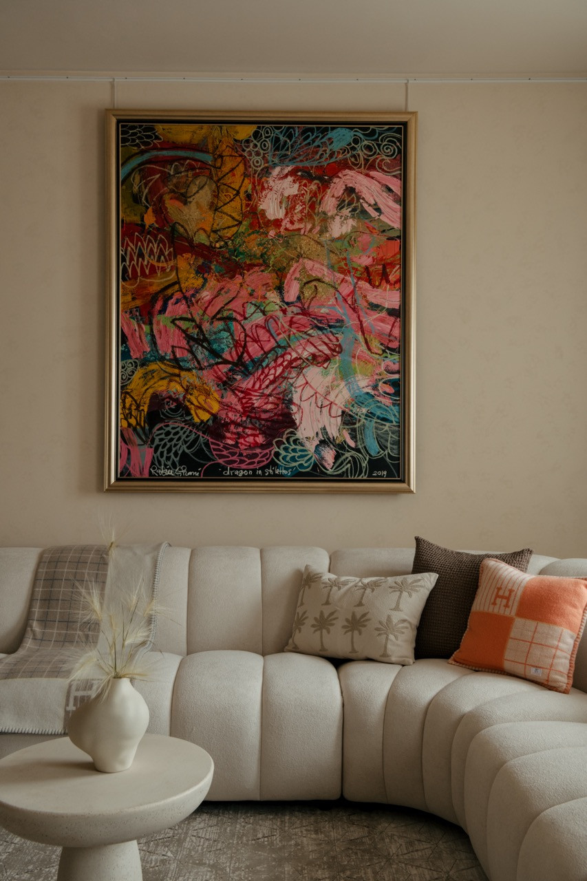 The main living area features a work by Malaysian artist Awang Damit Ahmad above the Norr 11 Studio Sofa, with Hermès pillows and throws from the owner’s collection.