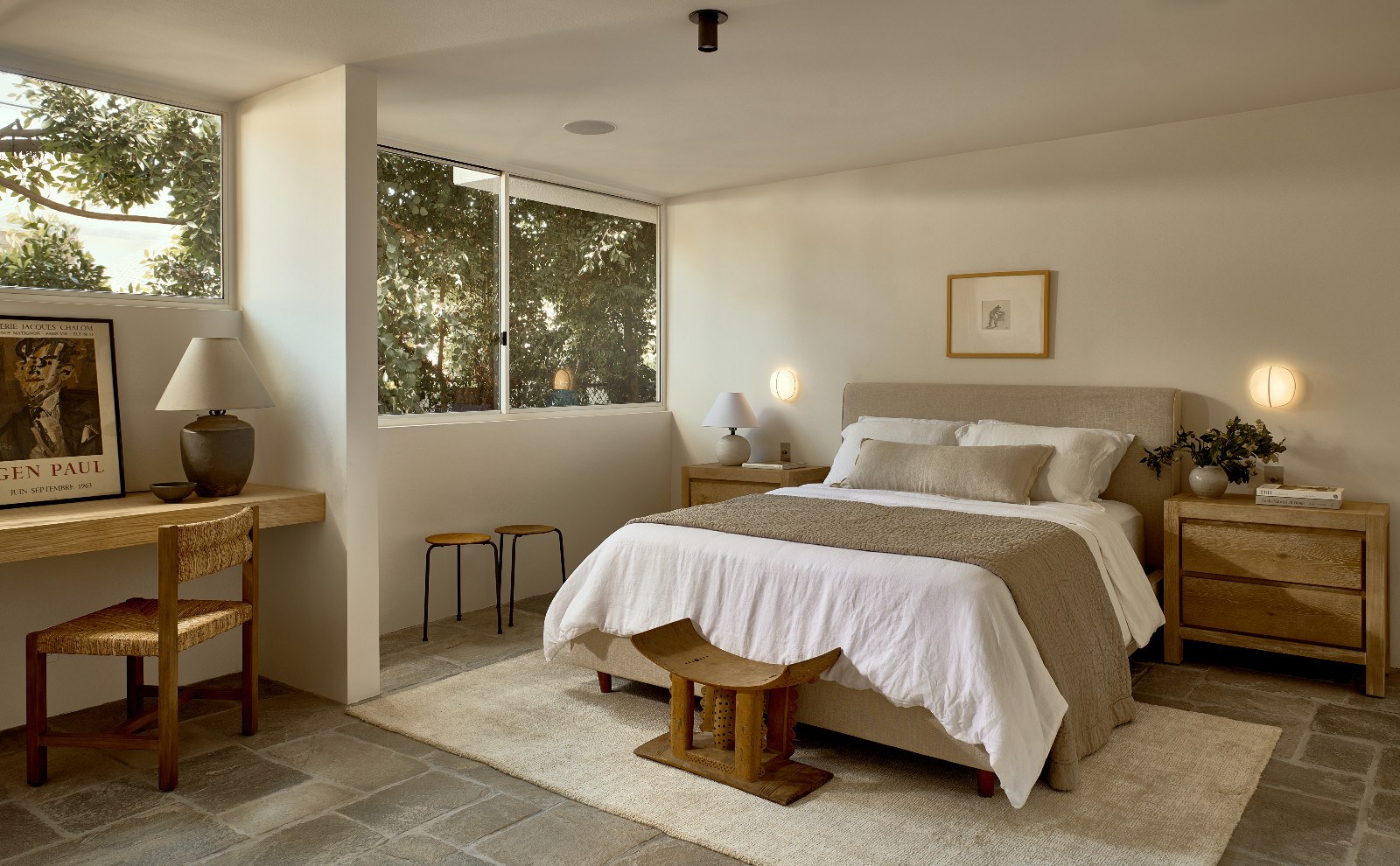 The bedroom of A Quincy Jones' renovated home, designed by Ome Dezin in Los Angeles, California