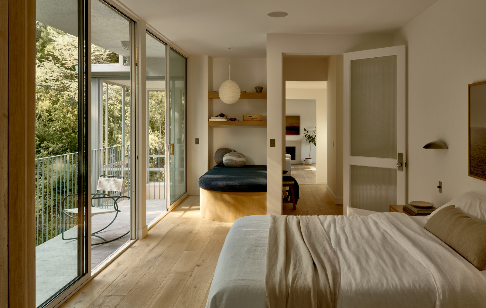 The bedroom of A Quincy Jones' renovated home, designed by Ome Dezin in Los Angeles, California