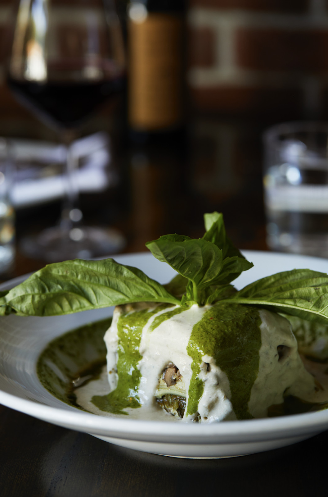 Vegan lasagna at the Italian vegan restaurant Pura Vita in Los Angeles, California
