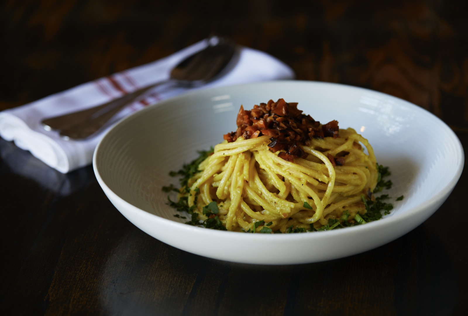 Vegan carbonara at the Italian vegan restaurant Pura Vita in Los Angeles, California