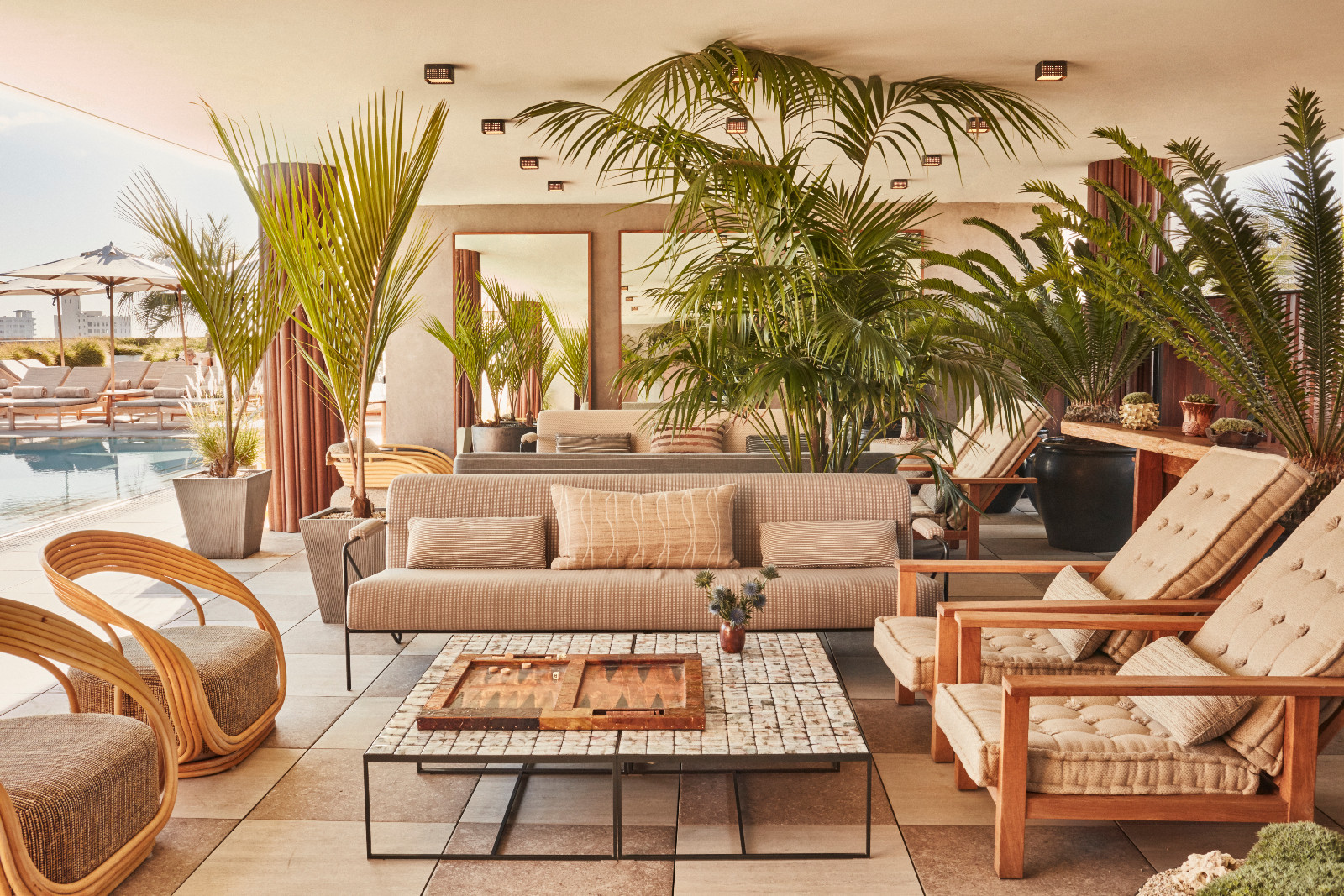 The outdoor lounge area at the Santa Monica Proper Hotel in Los Angeles, California