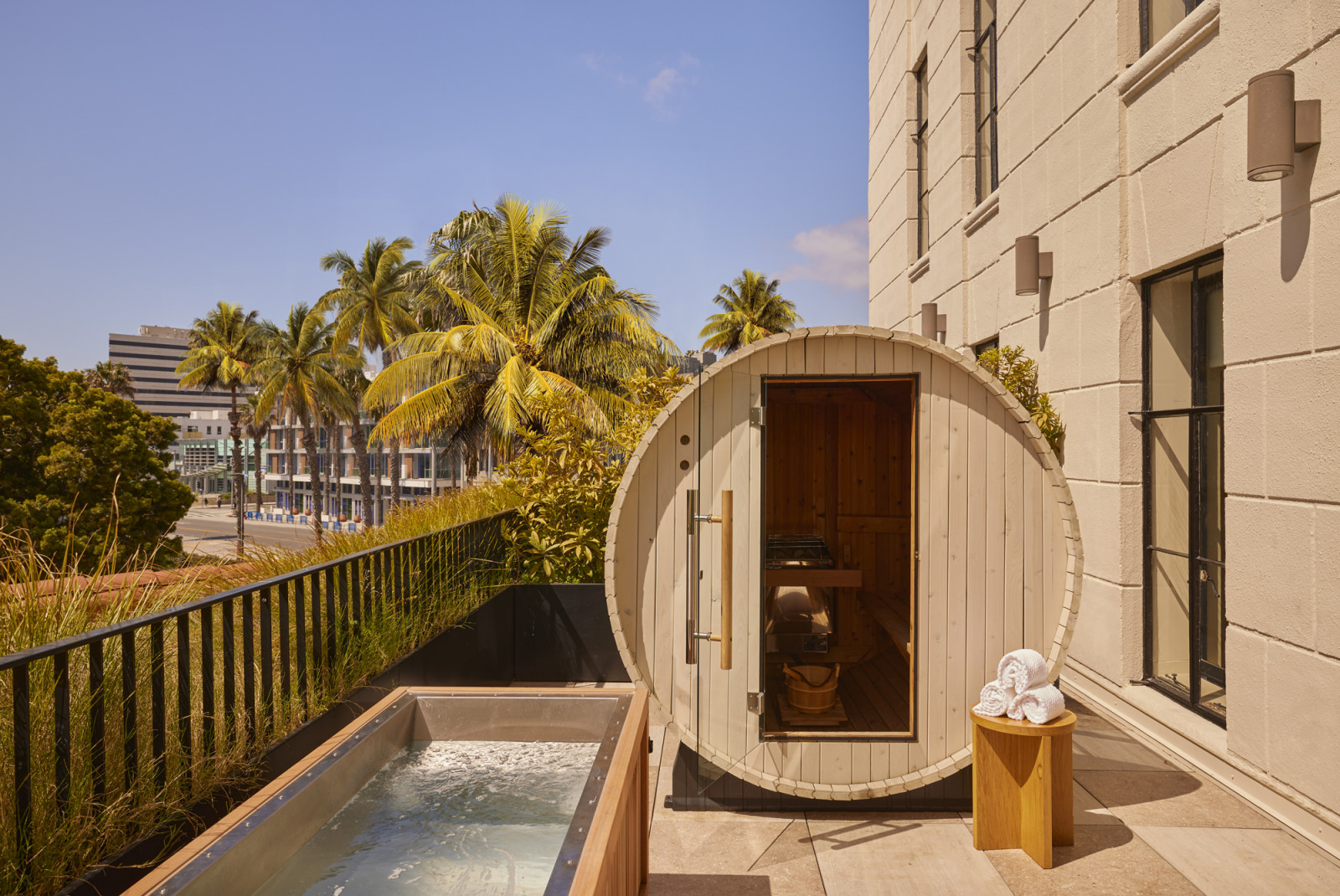 Wellness opportunities abound like a sauna and dipping pool at the Santa Monica Proper Hotel's Surya Spa, overseen by Ayurvedic guru Martha Soffer