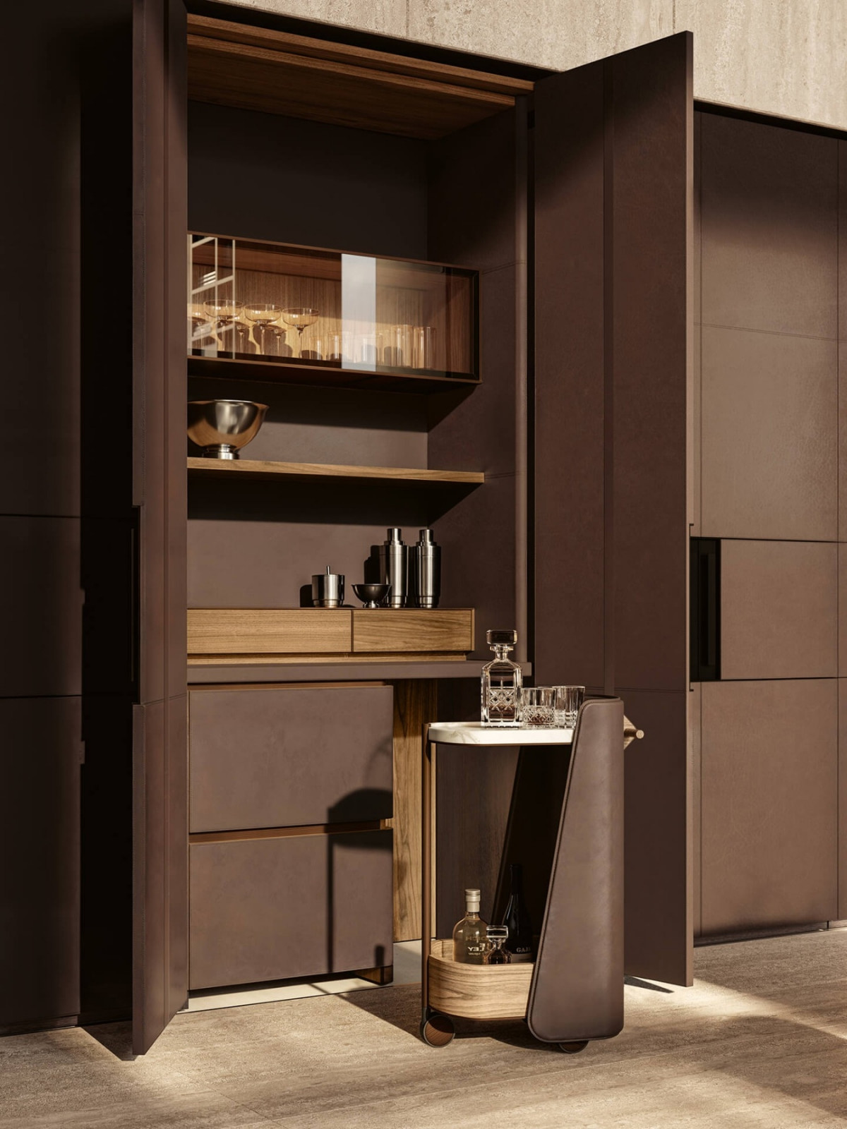 Lema's Eureka bar cabinet designed a chocolate brown hue that adds elegance to any bar area