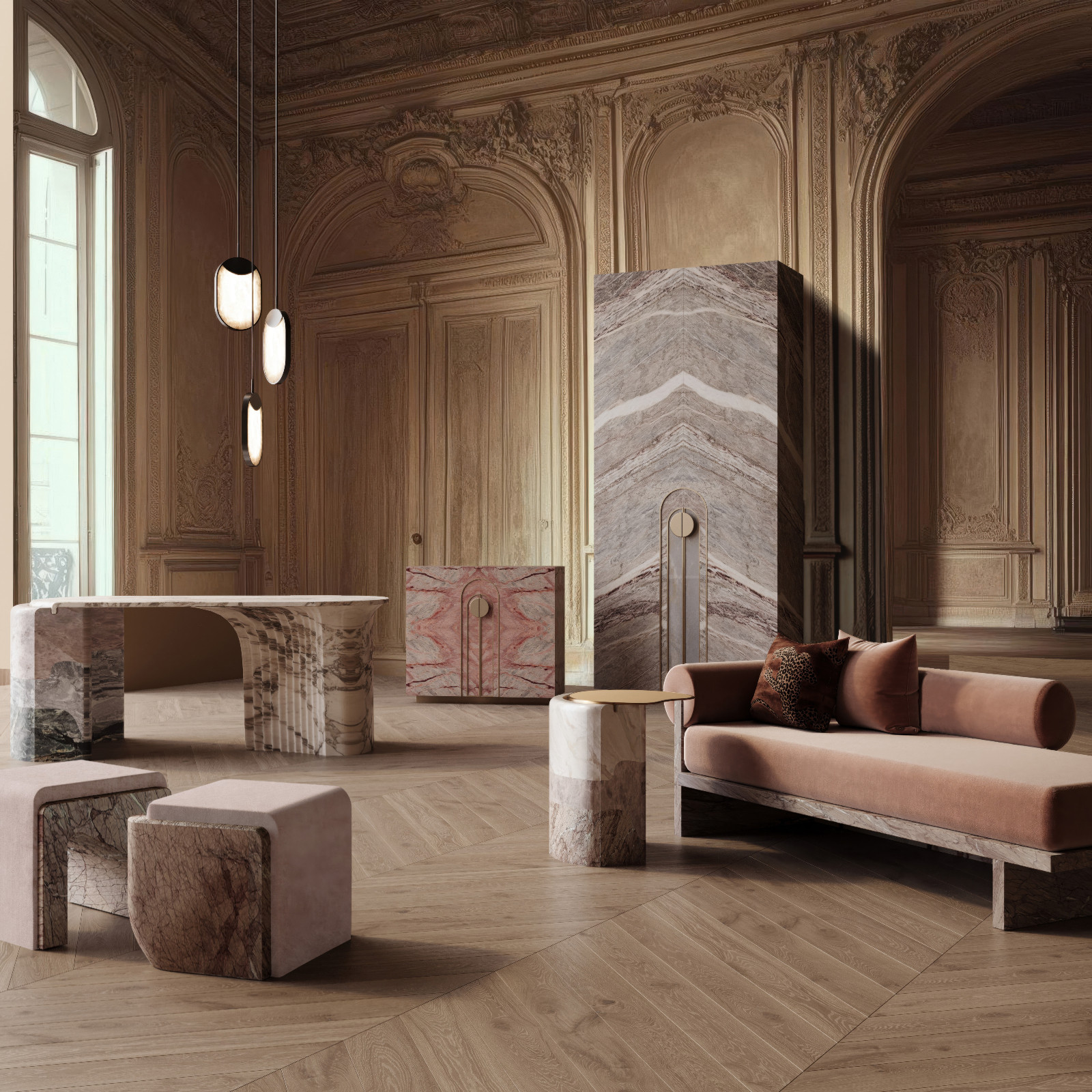 Marble furniture pieces by Terra Frammenti, designed to ground the living room