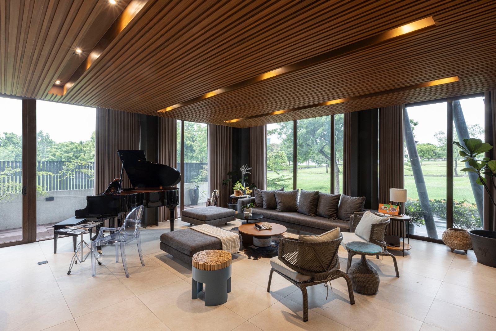 The living room of Obscura House, a vertical build designed by Barchan + Architecture