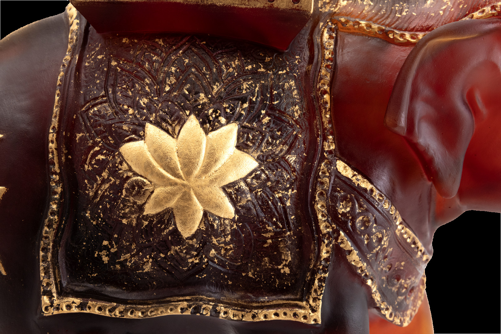 A close-up of the Shalmara Elephant highlighting the lotus motif on its saddle.