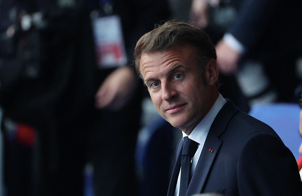 PARIS, FRANCE - MAY 24: French president, Emmanuel Macron reacts during the French Cup Final 2025 between Paris Saint-Germain and Stade Reims at Stade de France on May 24, 2025 in Paris, France. (Photo by Xavier Laine/Getty Images)
