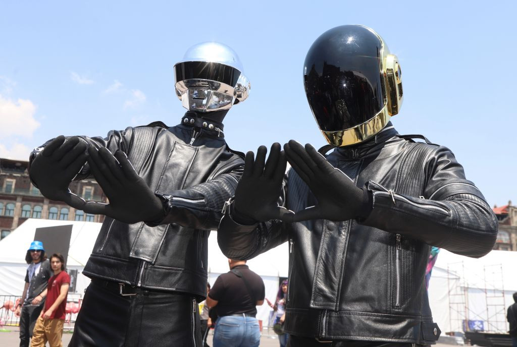 MEXICO CITY, MEXICO - MAY 11: Fans of the French electronic music duo Daft Punk pose for photo during an augmented reality event to commemorate the 10th anniversary of the album 'Random Access Memories' by Daft Punk at Zocalo on May 11, 2023 in Mexico City, Mexico. (Photo by Medios y Media/Getty Images)