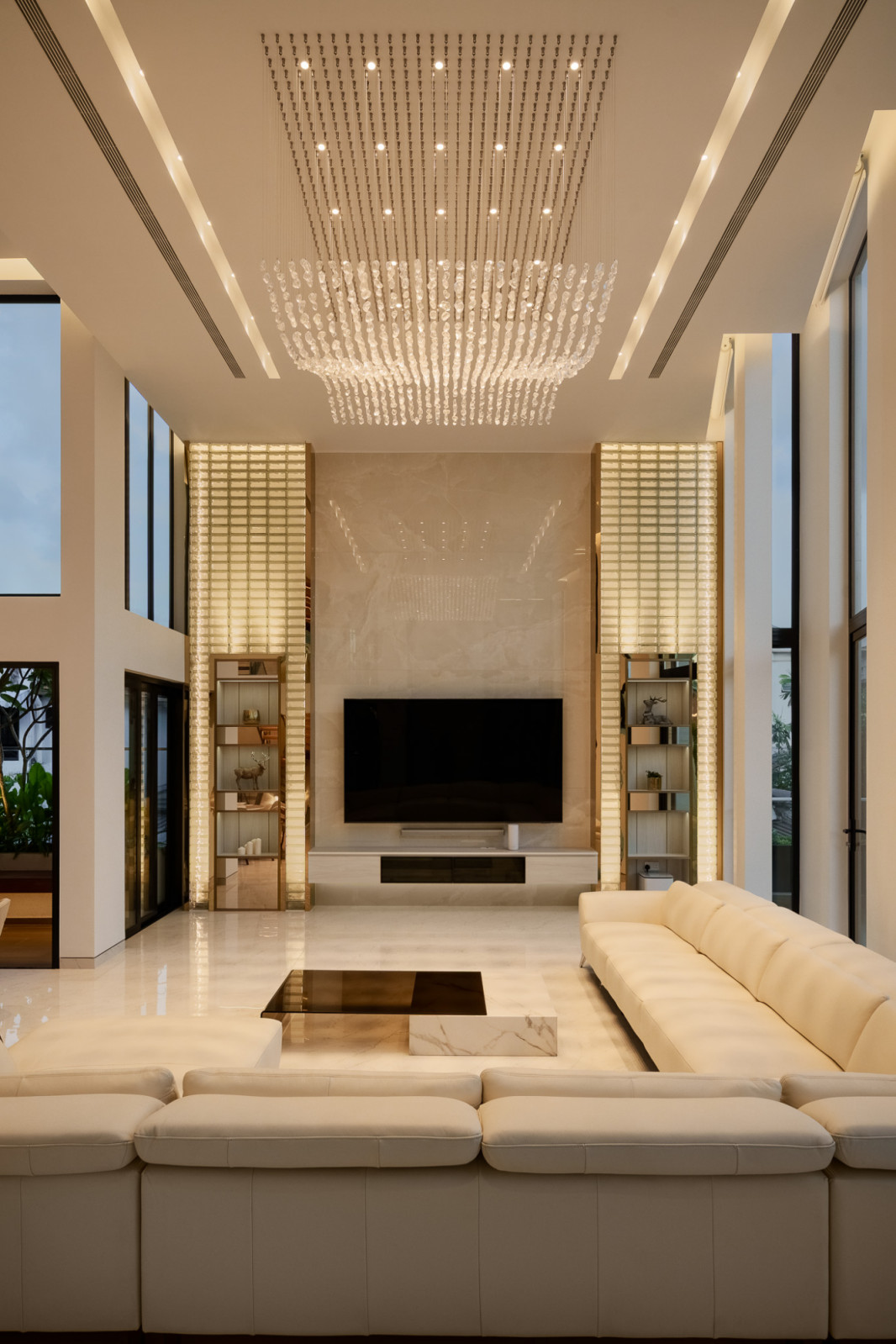 Twinkling lights cast a magical glow on the living room