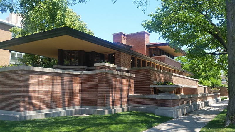 Street view of Robie House designed by Frank Lloyd Wright in Chicago
