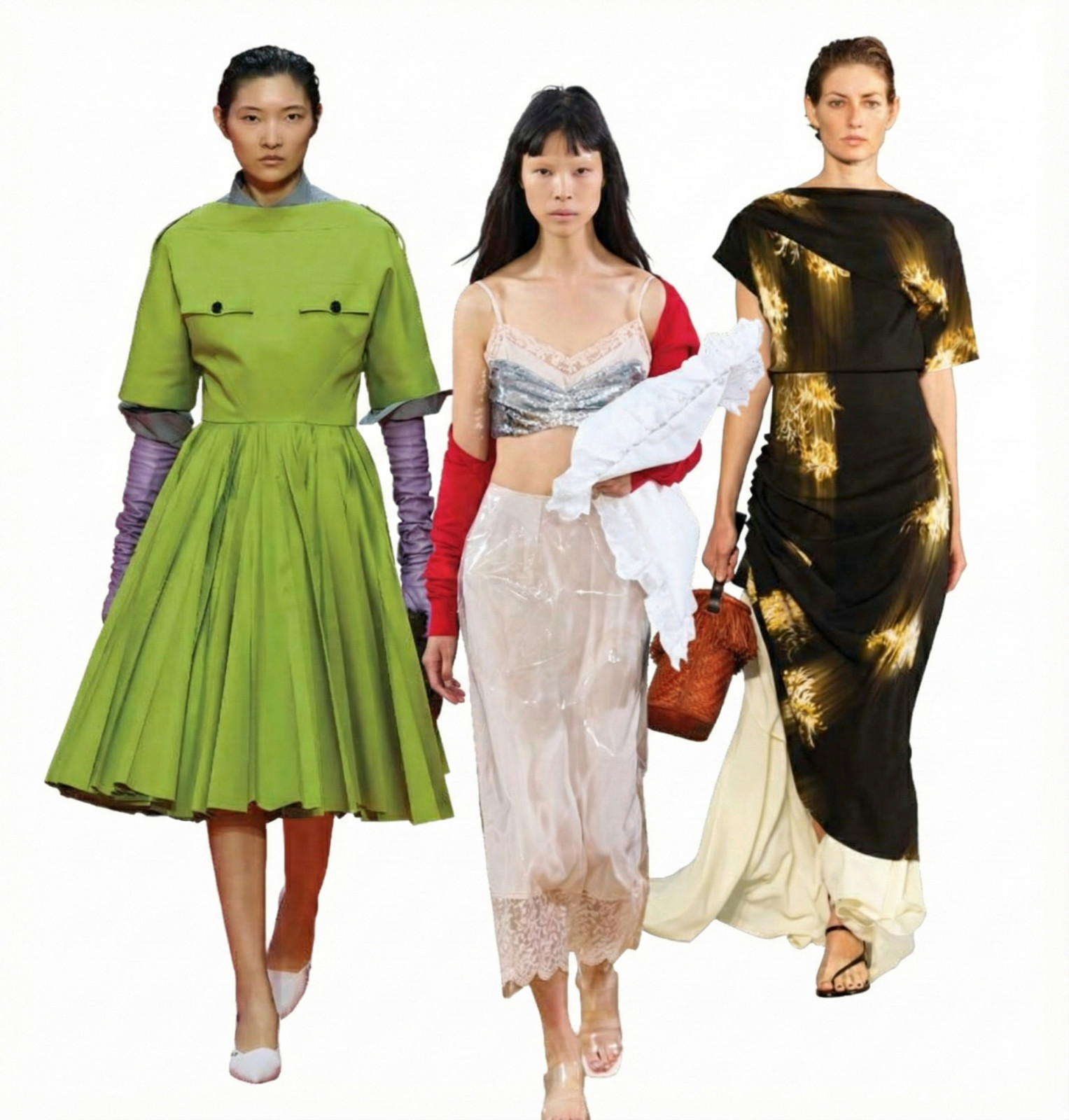 (จากซ้าย) ลุคจาก Prada; Simone Rocha; Proenza Schouler