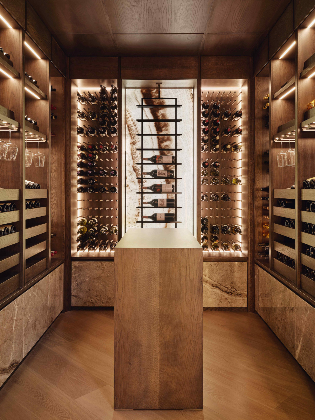 Also in the basement is the wine cellar, designed in collaboration with Harper Latter Architects